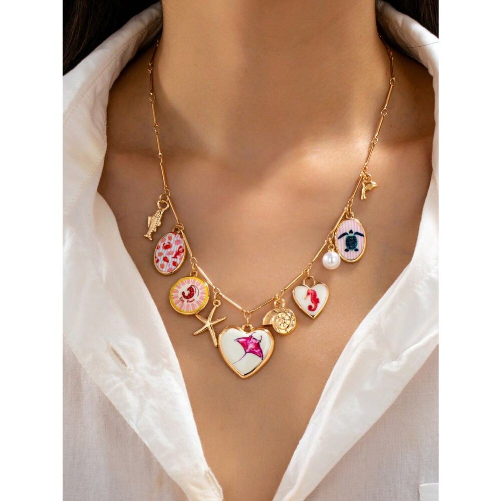 Gold Charm Necklace Ocean Starfish Seahorse Turtle Heart Beach Aesthetic